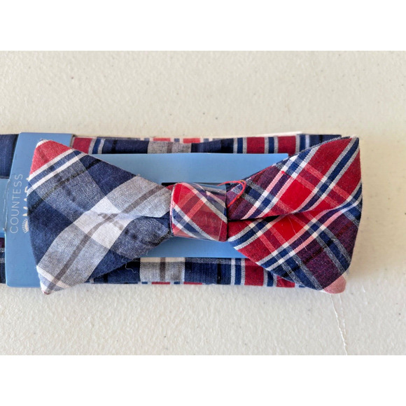 Countess Mara Pocket Square and Tie Combo Red Tartan Plaid Bow Tie $59 retail - Picture 1 of 6